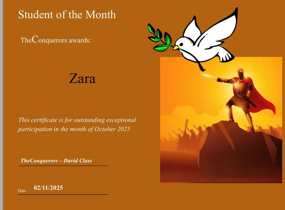 David class student of the month certificate