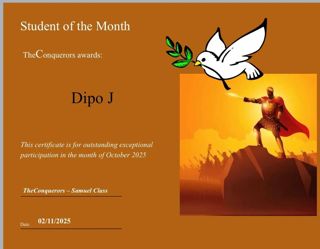 Samuel class student of the month certificate